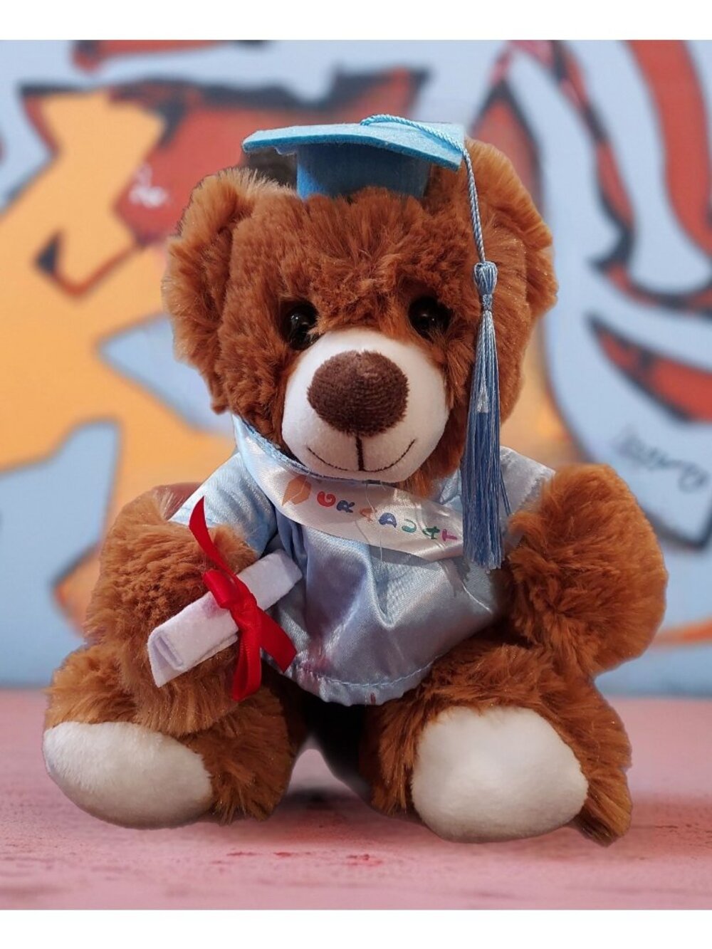 Plush Bear Graduation Baby Blue Cap and Gown Diploma 10 Inch